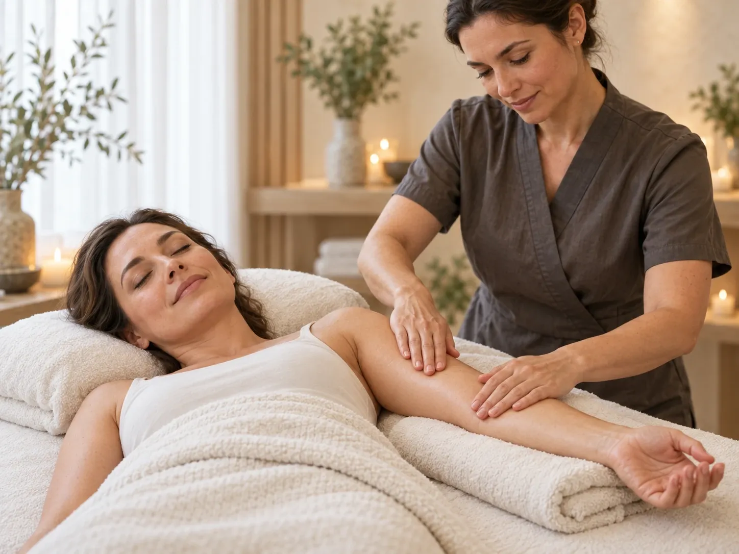A therapist uses gentle touch along a client's supported arm during lymphatic drainage massage