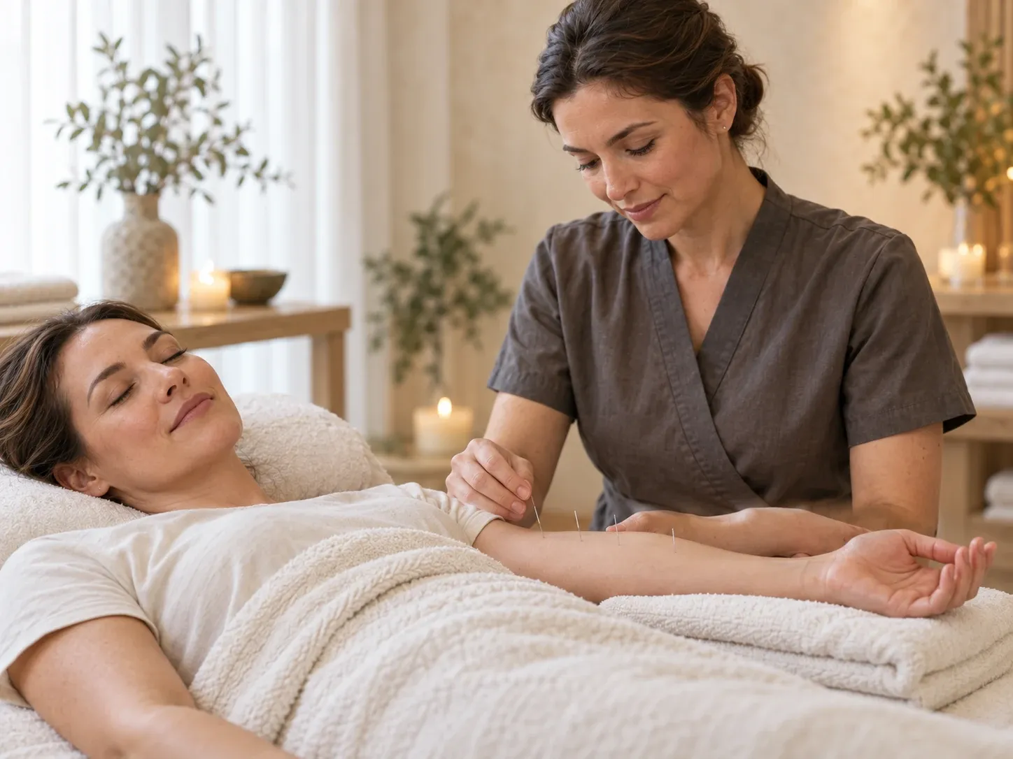 An acupuncture practitioner attends to fine needles on a client's supported forearm